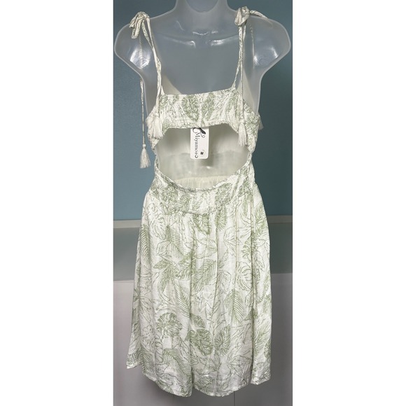 Tropical Medium Sundress Lined Palm Leaf Womens Green White ILLA  Boho Dress - Picture 2 of 12